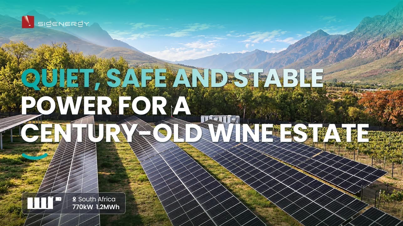 SIGENERGY ground-mounted solar array and battery storage at a South African wine estate