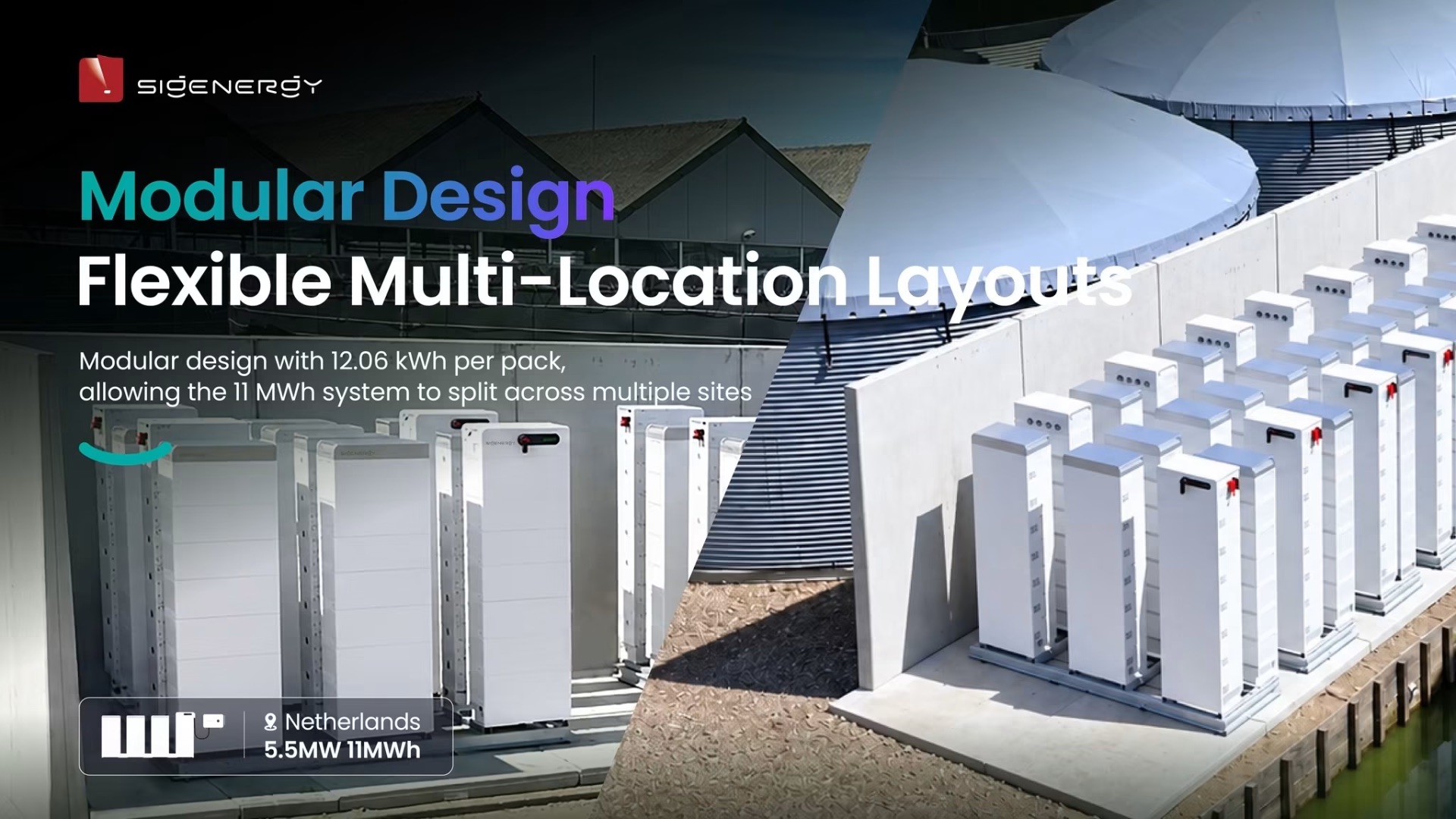SigenStack battery towers installed across two separate locations at the same site